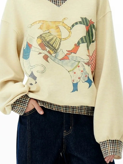 OuttheBlue Vintage Plaid Collage V-neck Hoodie
