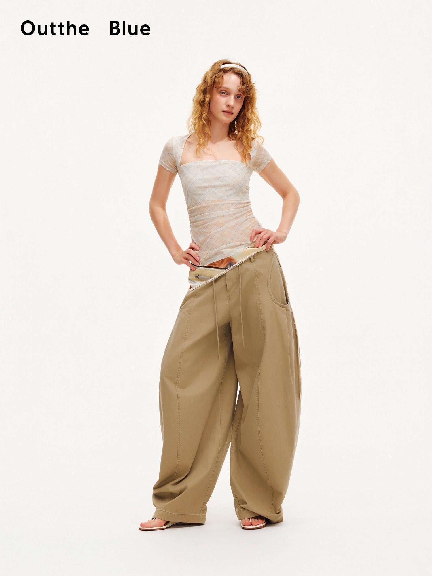OuttheBlue Vintage Plaid Square Neck Slim Cropped Women&