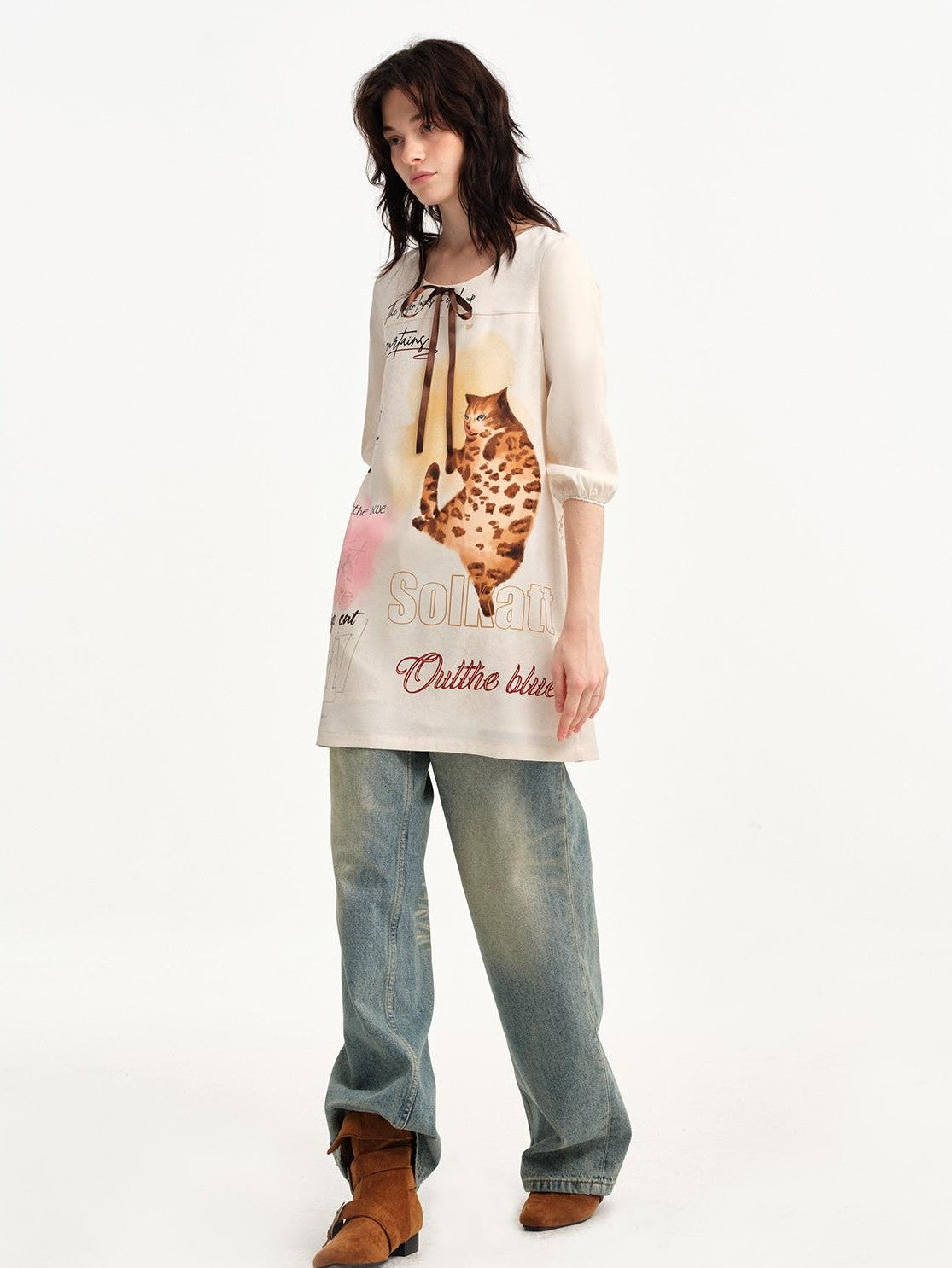 OuttheBlue Vintage Printed Puff Sleeve A Line Women&