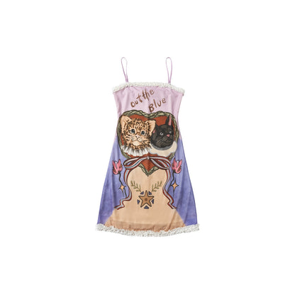 OuttheBlue Vintage Printed Slim Camisole Sleeveless Light Purple Women Midi Dresses