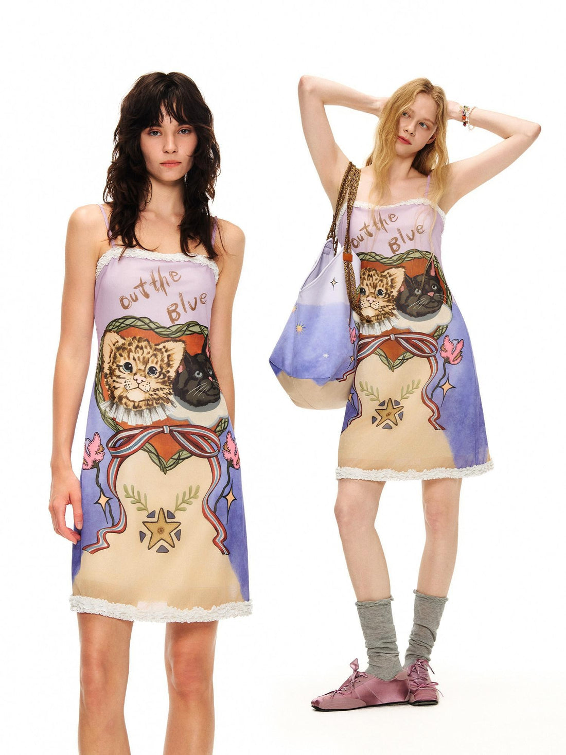 OuttheBlue Vintage Printed Slim Camisole Sleeveless Light Purple Women Midi Dresses