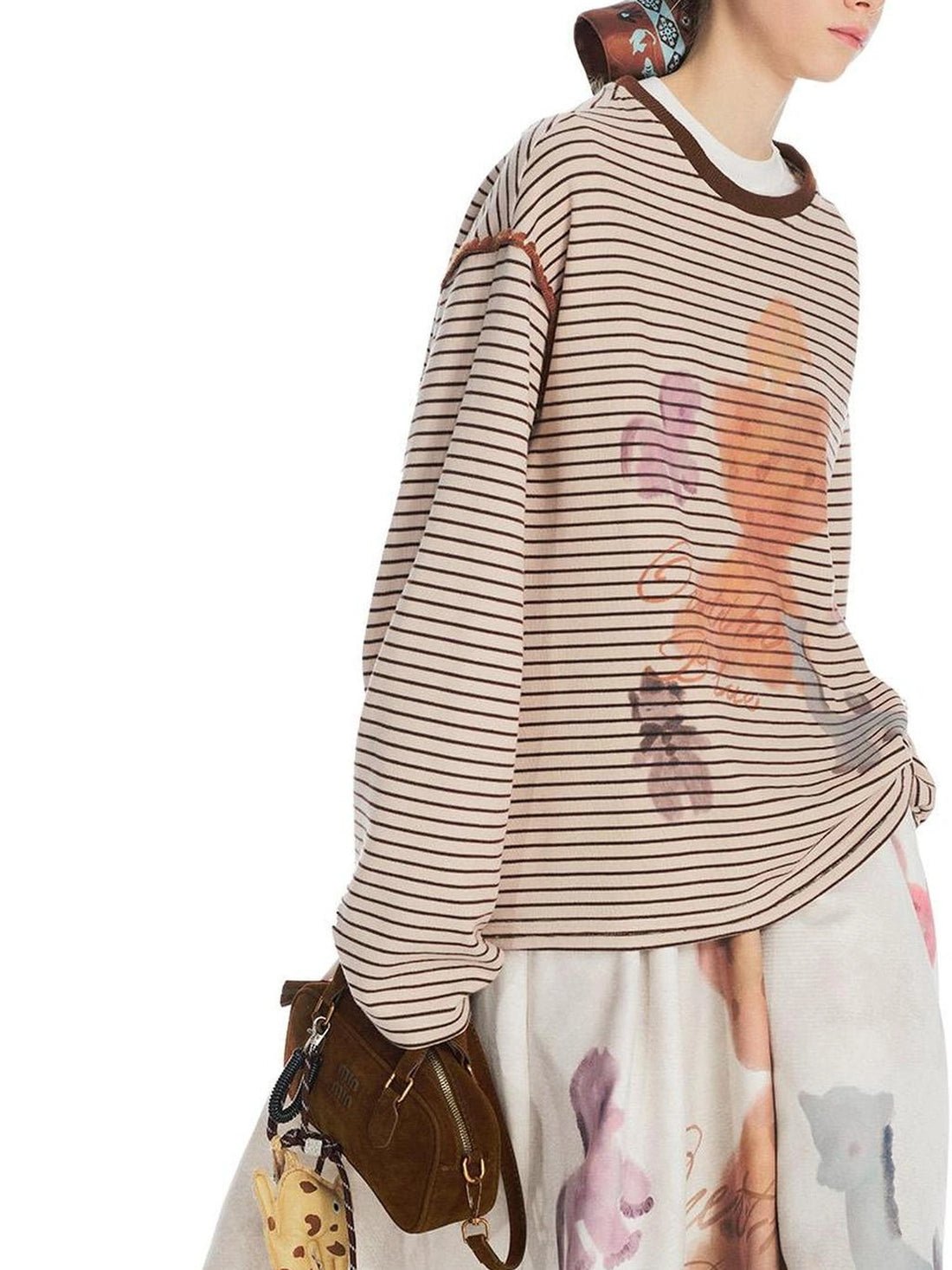 Vintage Stripe Cat Doll Paradise V-neck T-shirt Long Sleeve