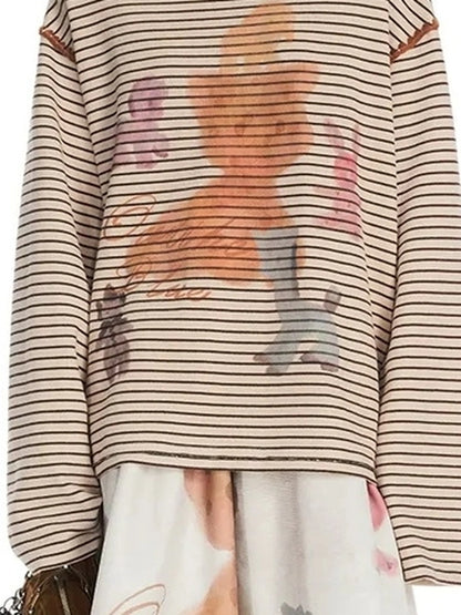 Vintage Stripe Cat Doll Paradise V-neck T-shirt Long Sleeve