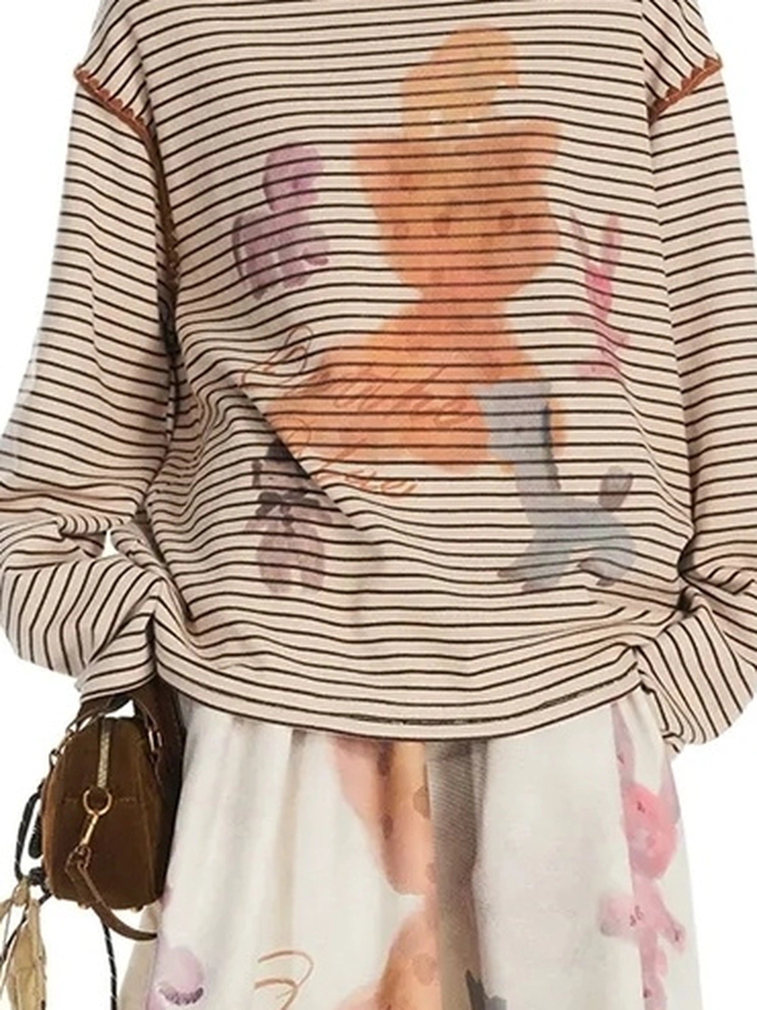 Vintage Stripe Cat Doll Paradise V-neck T-shirt Long Sleeve