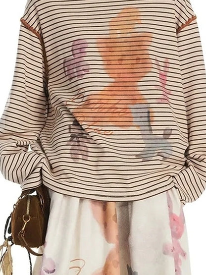 Vintage Stripe Cat Doll Paradise V-neck T-shirt Long Sleeve