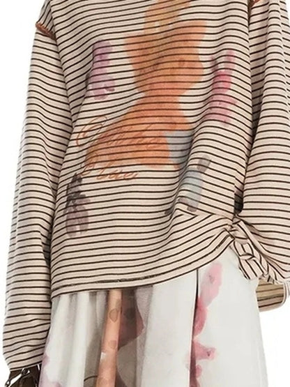 Vintage Stripe Cat Doll Paradise V-neck T-shirt Long Sleeve