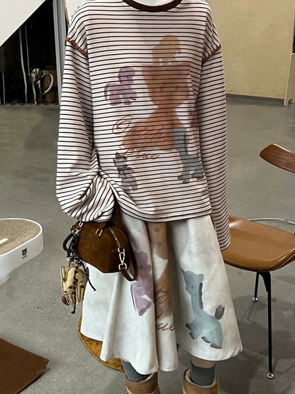 Vintage Stripe Cat Doll Paradise V-neck T-shirt Long Sleeve