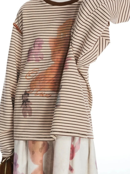 Vintage Stripe Cat Doll Paradise V-neck T-shirt Long Sleeve