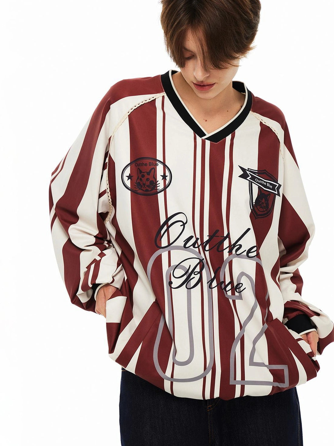 Vintage Stripe Cat Emblem Lace Trim Jersey Tee