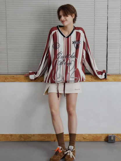 Vintage Stripe Cat Emblem Lace Trim Jersey Tee