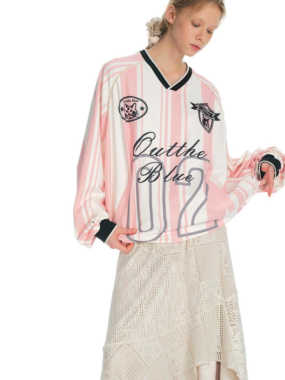 Vintage Stripe Cat Emblem Lace Trim Jersey Tee