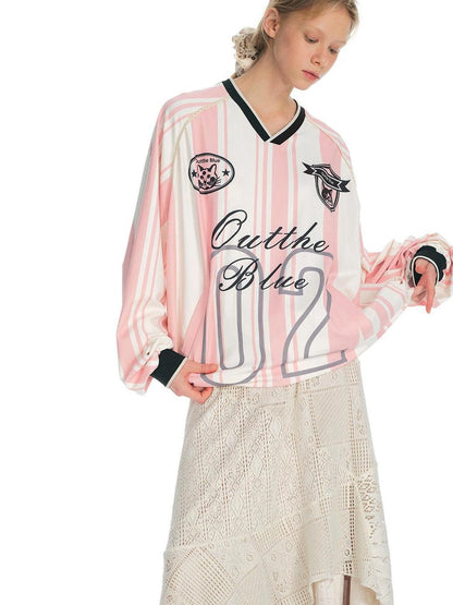 Vintage Stripe Cat Emblem Lace Trim Jersey Tee