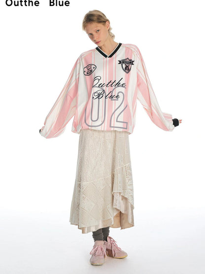 Vintage Stripe Cat Emblem Lace Trim Jersey Tee
