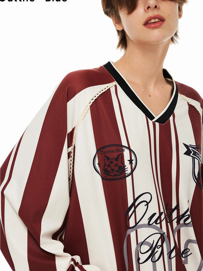 Vintage Stripe Cat Emblem Lace Trim Jersey Tee