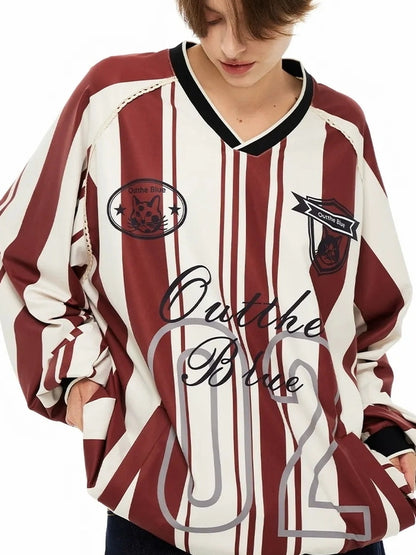 Vintage Stripe Cat Emblem Lace Trim Jersey Tee
