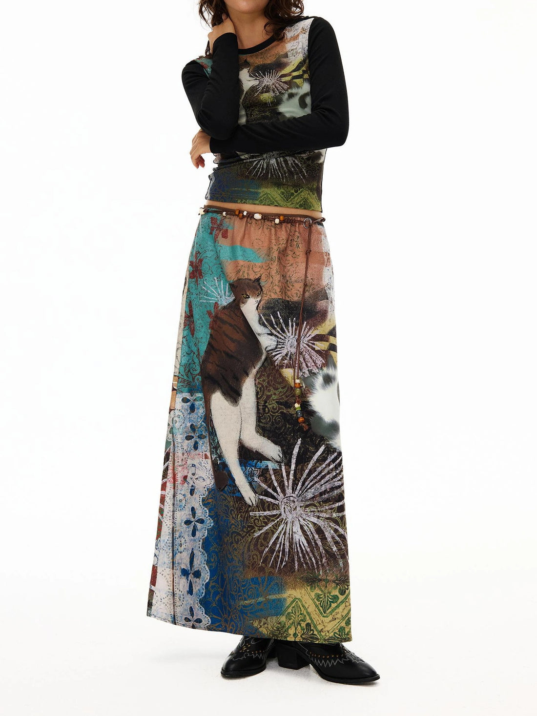 OuttheBlue Vintage Wave Print Midi Skirt