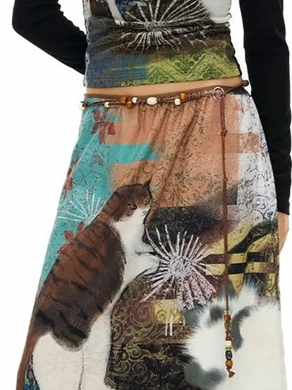 OuttheBlue Vintage Wave Print Midi Skirt