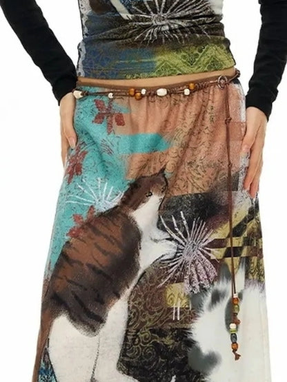 OuttheBlue Vintage Wave Print Midi Skirt