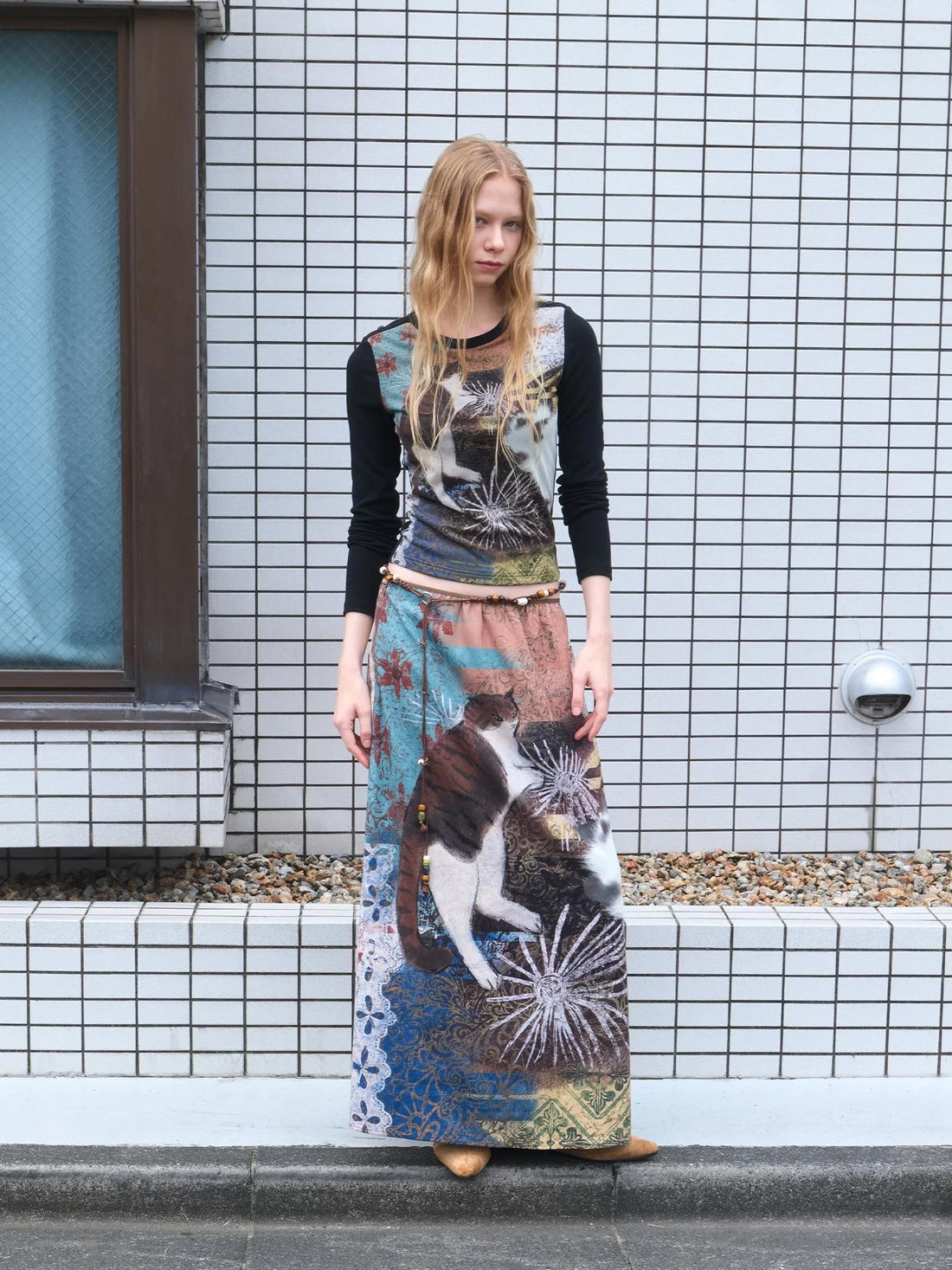 OuttheBlue Vintage Wave Print Midi Skirt