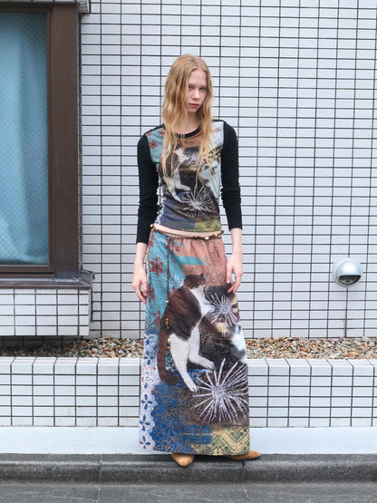 OuttheBlue Vintage Wave Print Midi Skirt