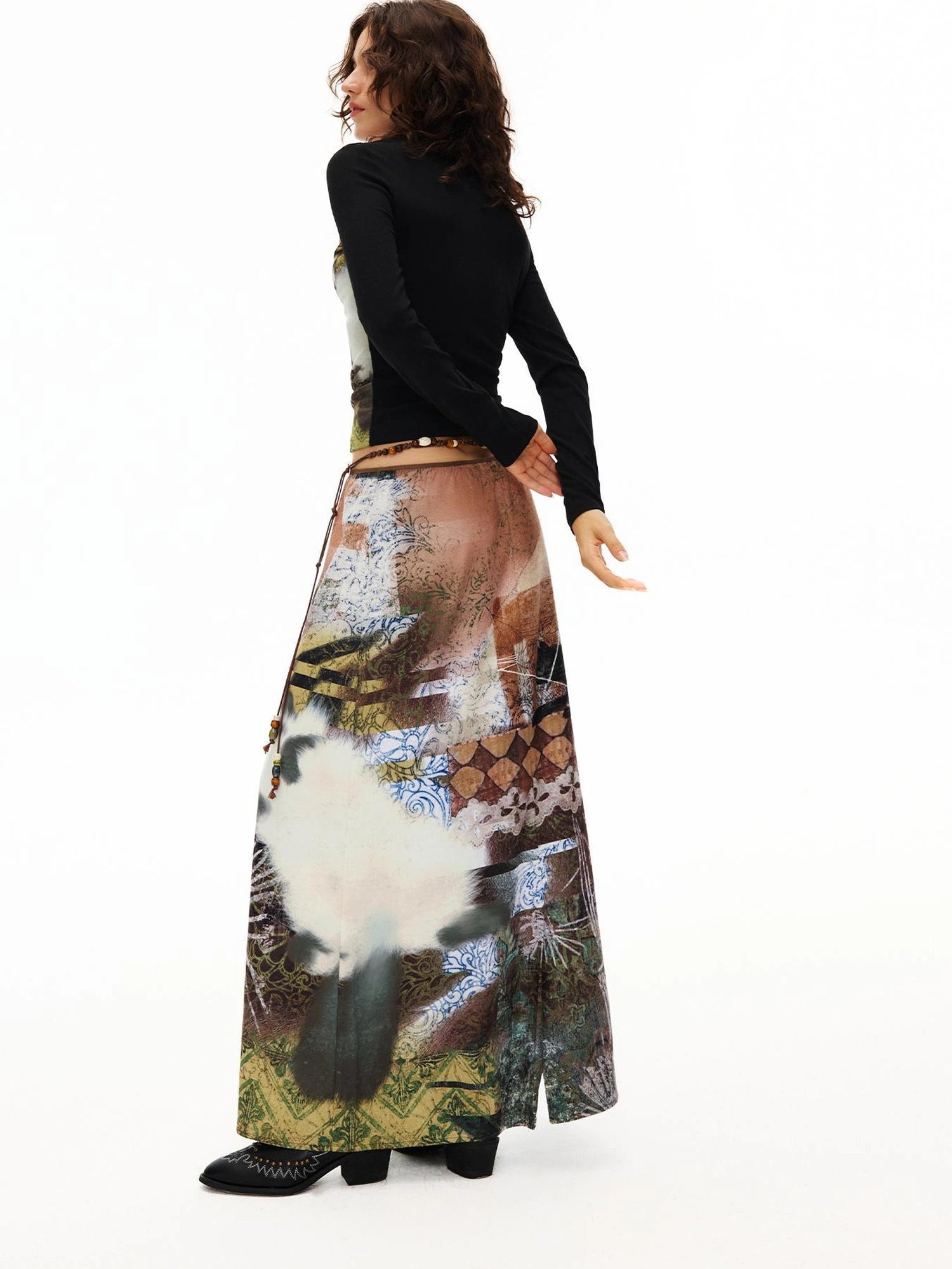 OuttheBlue Vintage Wave Print Midi Skirt