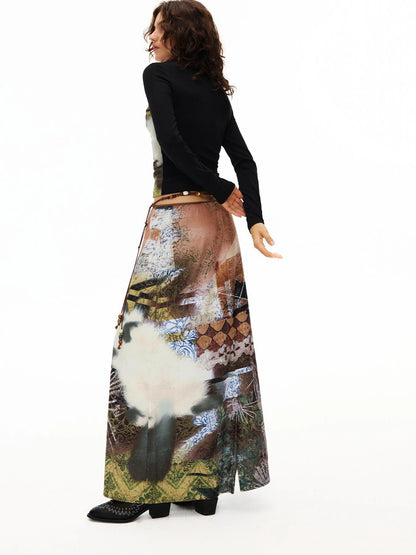 OuttheBlue Vintage Wave Print Midi Skirt