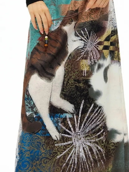 OuttheBlue Vintage Wave Print Midi Skirt