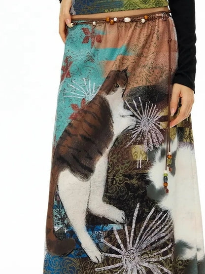 OuttheBlue Vintage Wave Print Midi Skirt