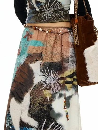 OuttheBlue Vintage Wave Print Midi Skirt