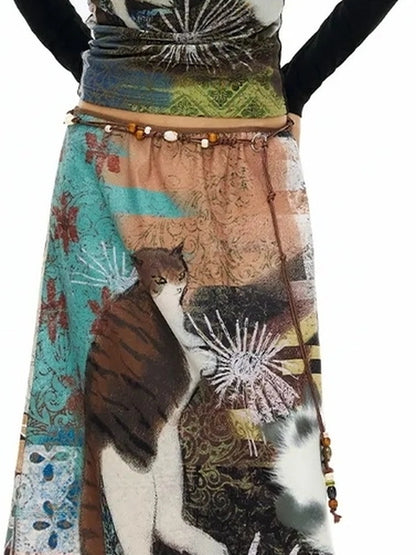 OuttheBlue Vintage Wave Print Midi Skirt