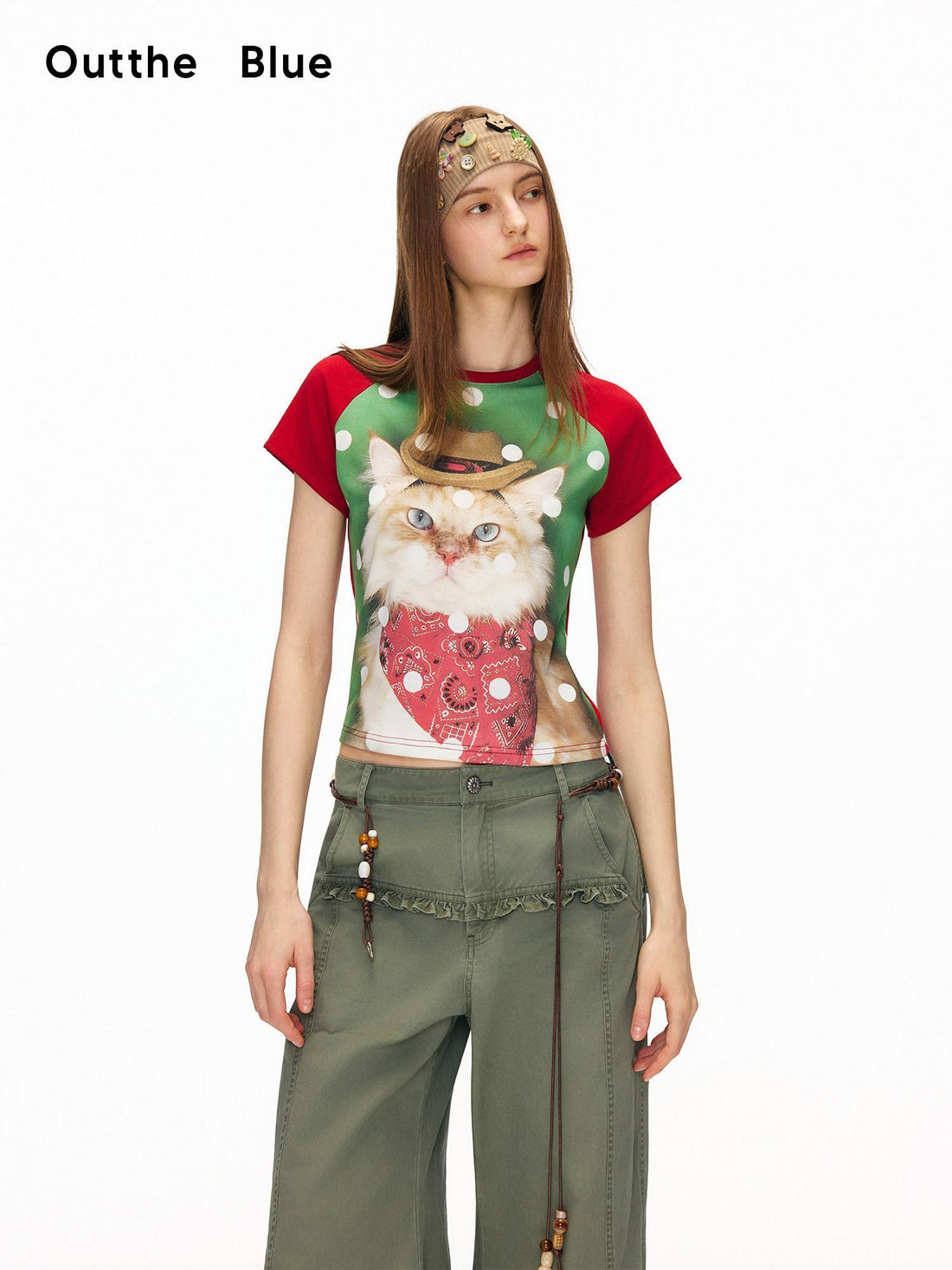 OuttheBlue Waist Defining Raglan Crew Polka Animal Viscose Blend Short Sleeve T-Shirts