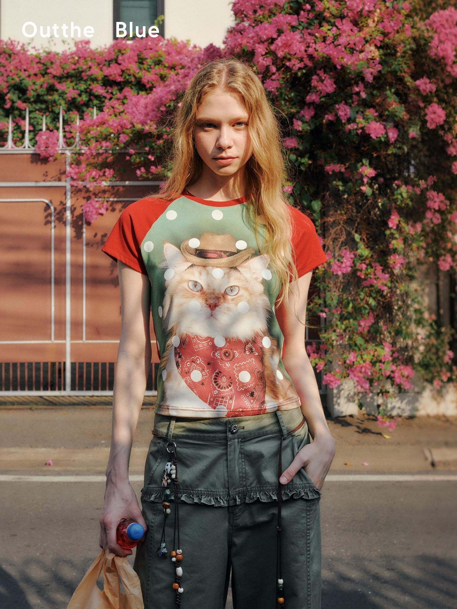 OuttheBlue Waist Defining Raglan Crew Polka Animal Viscose Blend Short Sleeve T-Shirts