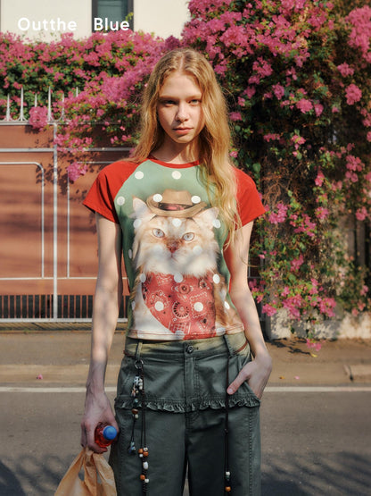 OuttheBlue Waist Defining Raglan Crew Polka Animal Viscose Blend Short Sleeve T-Shirts