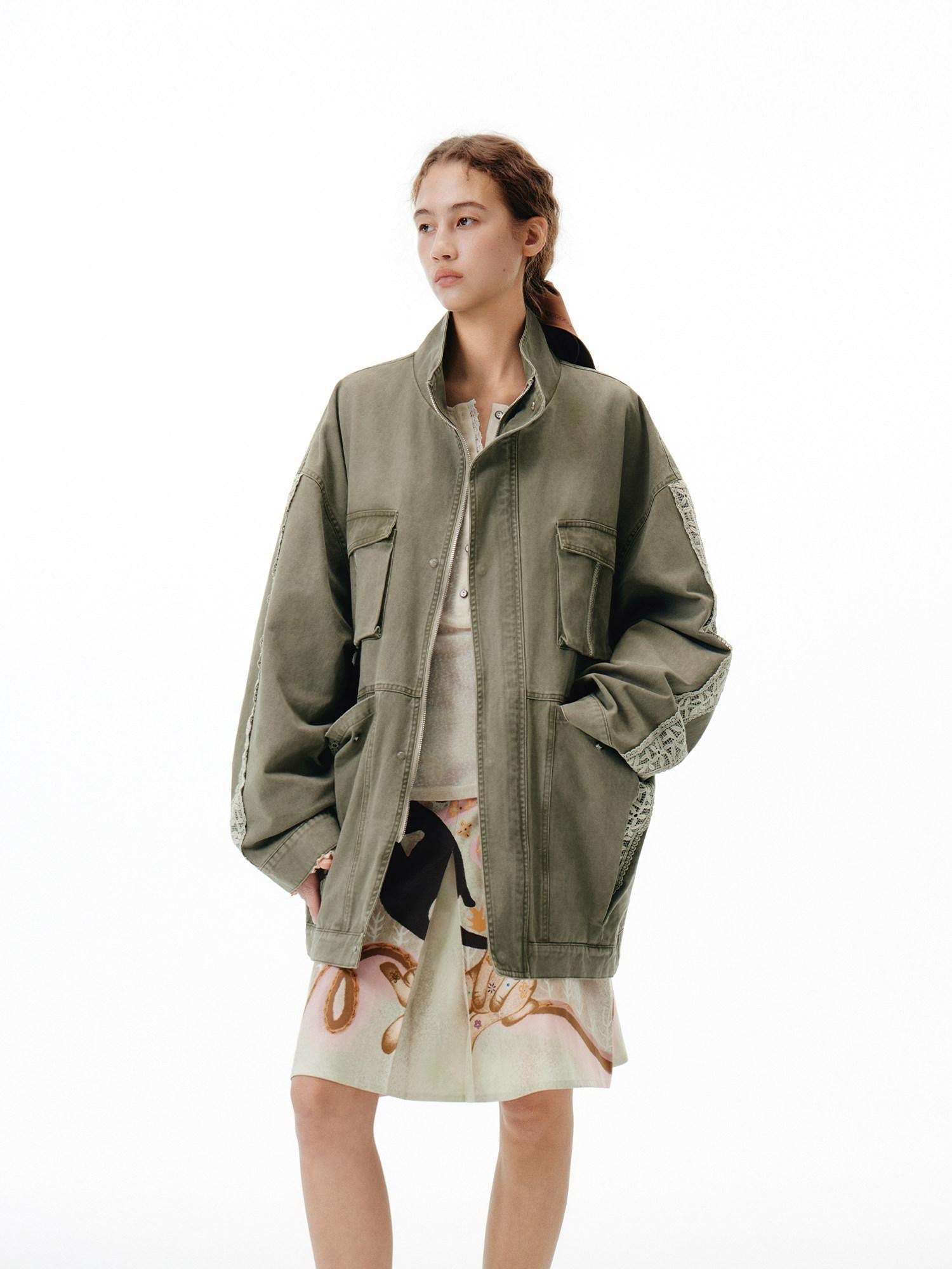 OuttheBlue Warm 100 Percent Cotton Loose Fit Stand Collar Zipper Women Washed Green Jackets