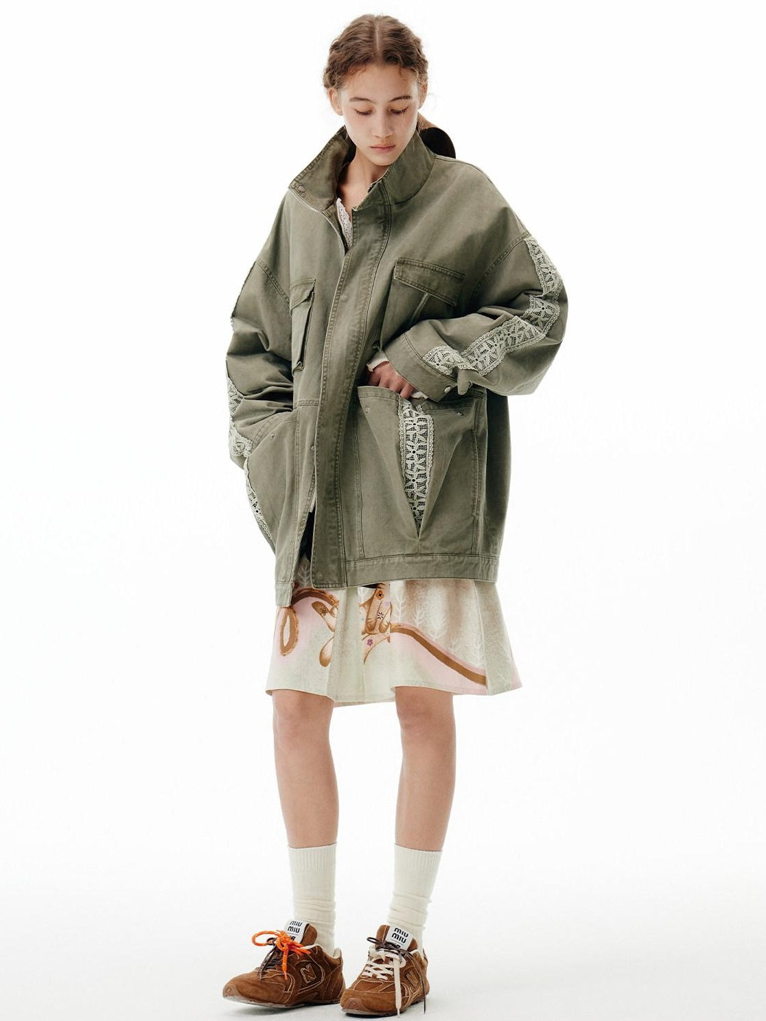OuttheBlue Warm 100 Percent Cotton Loose Fit Stand Collar Zipper Women Washed Green Jackets