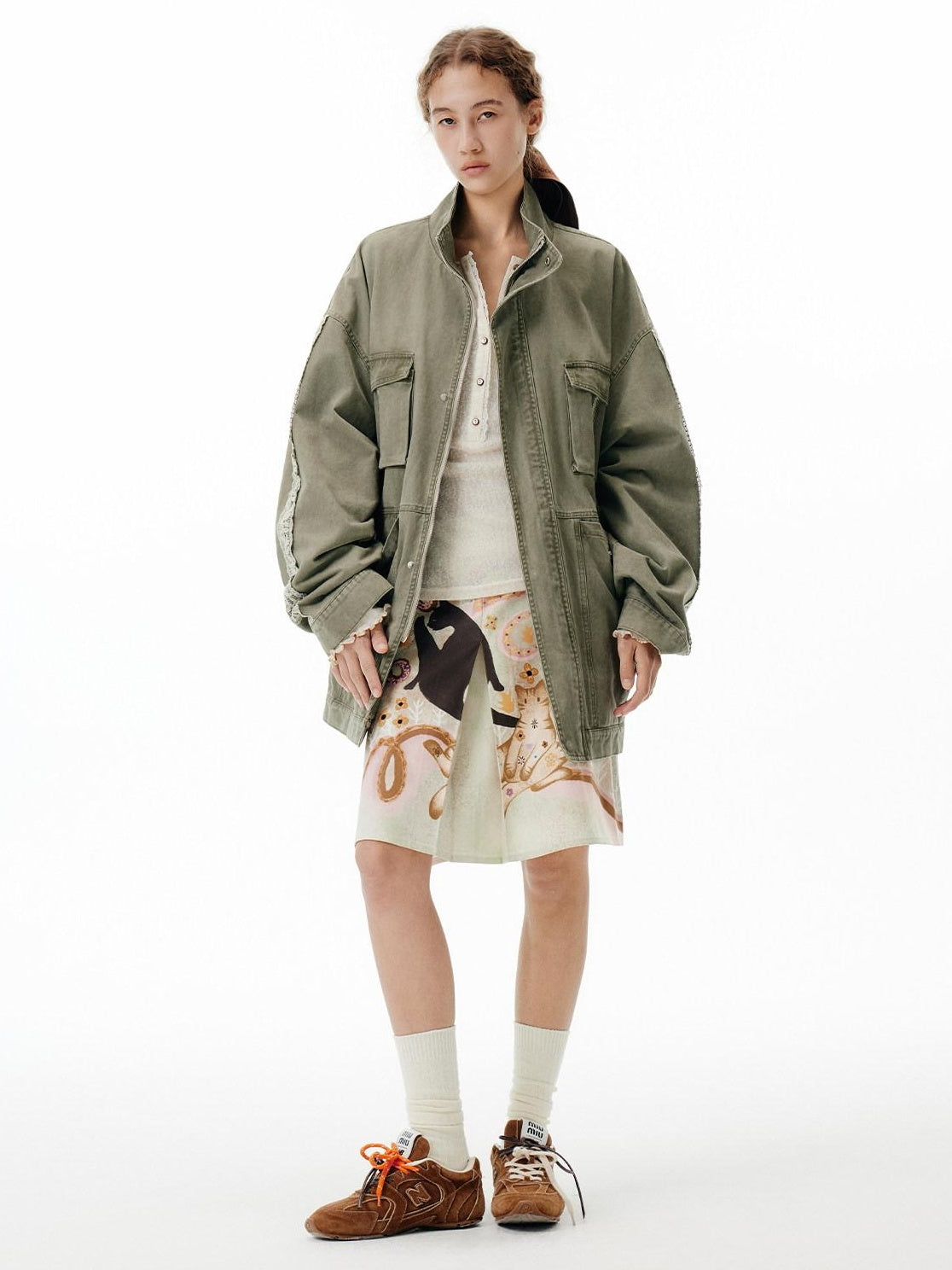 OuttheBlue Warm 100 Percent Cotton Loose Fit Stand Collar Zipper Women Washed Green Jackets