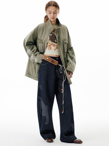 OuttheBlue Warm 100 Percent Cotton Loose Fit Stand Collar Zipper Women Washed Green Jackets
