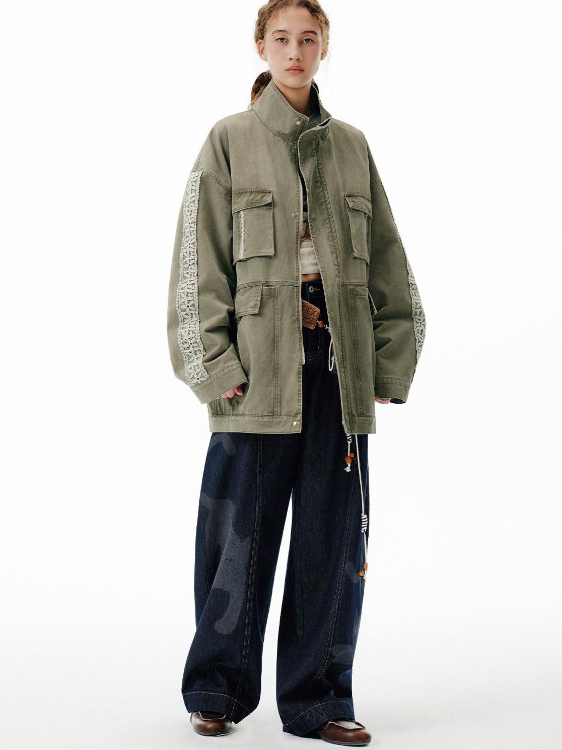 OuttheBlue Warm 100 Percent Cotton Loose Fit Stand Collar Zipper Women Washed Green Jackets