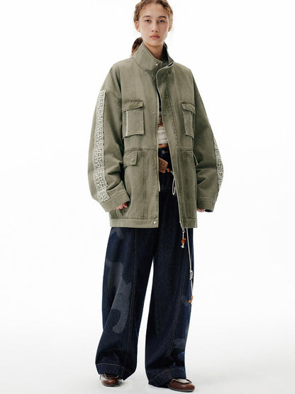 OuttheBlue Warm 100 Percent Cotton Loose Fit Stand Collar Zipper Women Washed Green Jackets