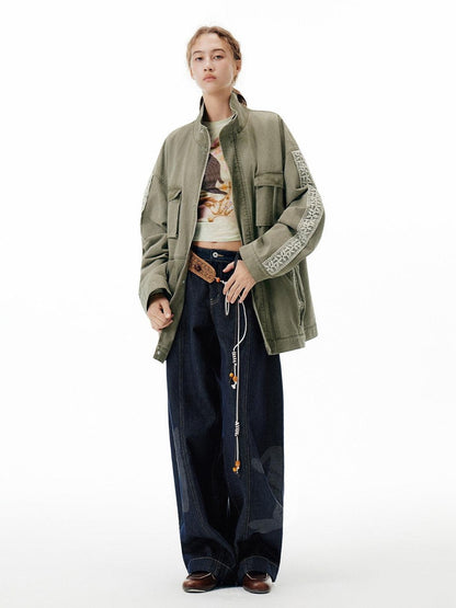 OuttheBlue Warm 100 Percent Cotton Loose Fit Stand Collar Zipper Women Washed Green Jackets