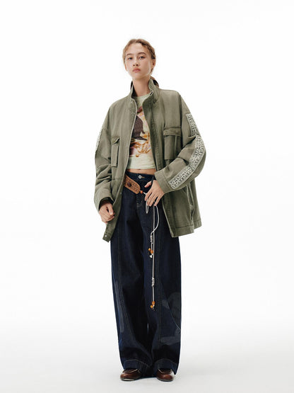 OuttheBlue Warm 100 Percent Cotton Loose Fit Stand Collar Zipper Women Washed Green Jackets