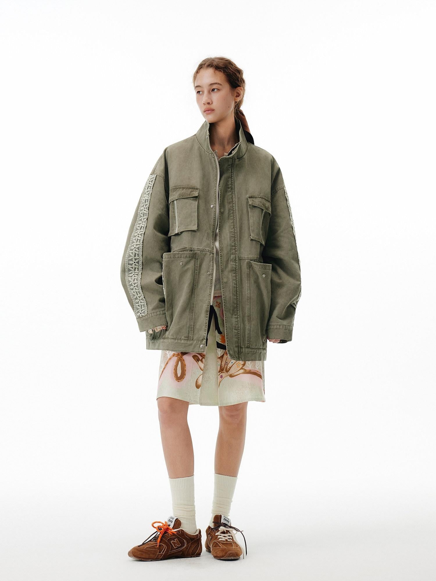 OuttheBlue Warm 100 Percent Cotton Loose Fit Stand Collar Zipper Women Washed Green Jackets