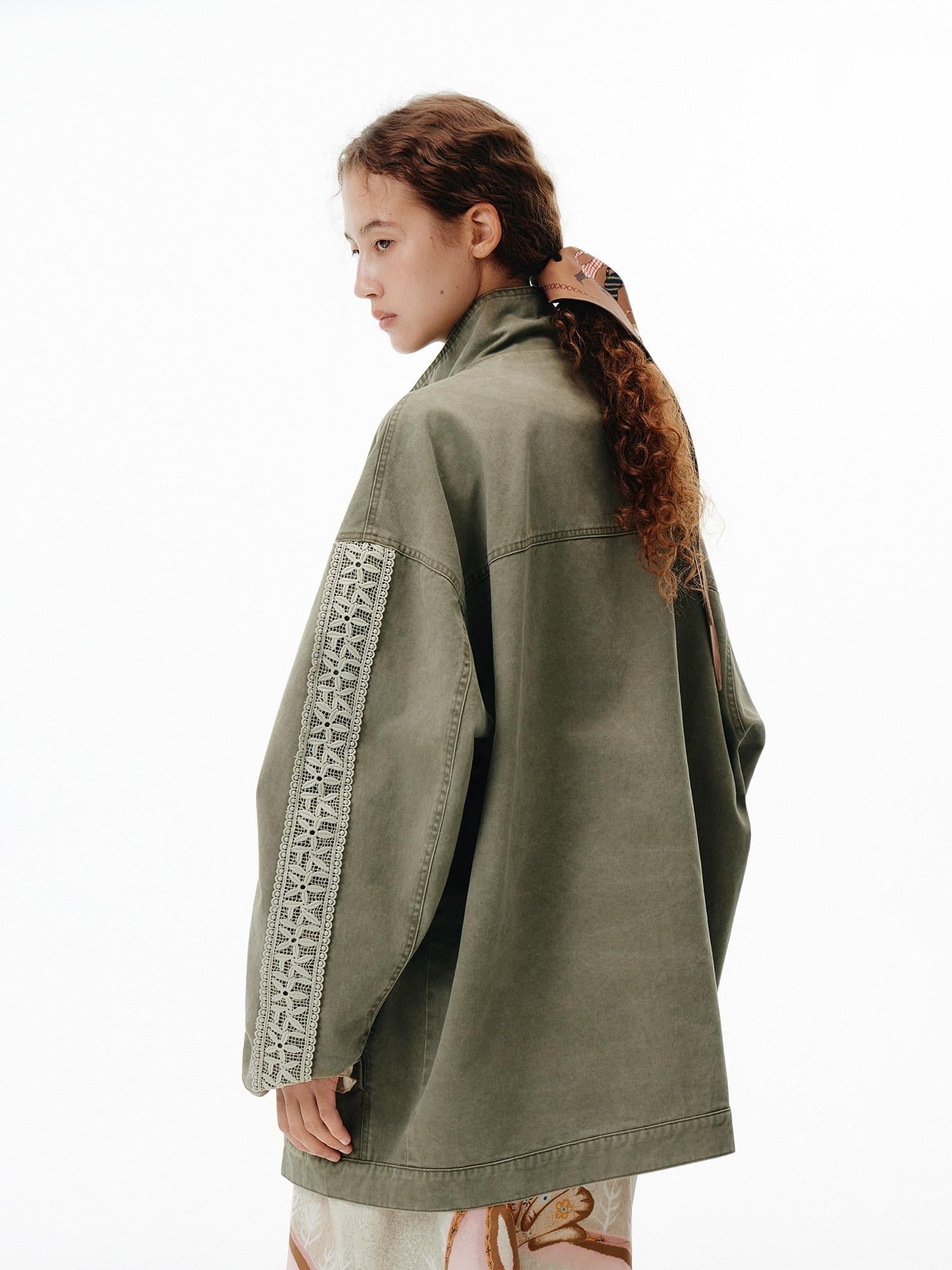 OuttheBlue Warm 100 Percent Cotton Loose Fit Stand Collar Zipper Women Washed Green Jackets