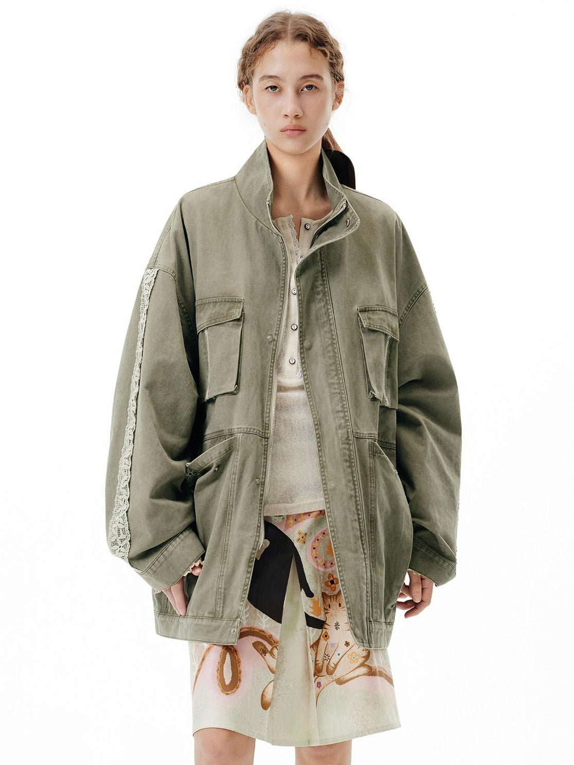 OuttheBlue Warm 100 Percent Cotton Loose Fit Stand Collar Zipper Women Washed Green Jackets