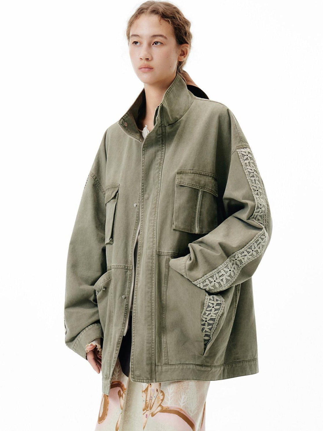 OuttheBlue Warm 100 Percent Cotton Loose Fit Stand Collar Zipper Women Washed Green Jackets