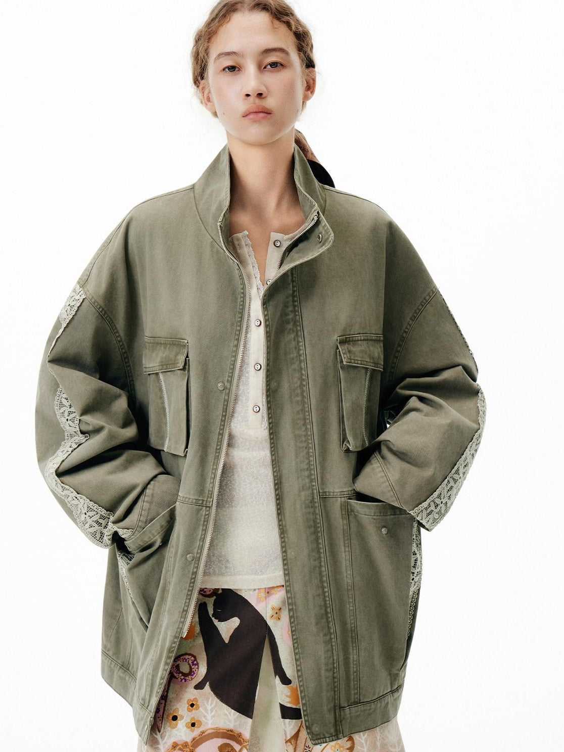 OuttheBlue Warm 100 Percent Cotton Loose Fit Stand Collar Zipper Women Washed Green Jackets