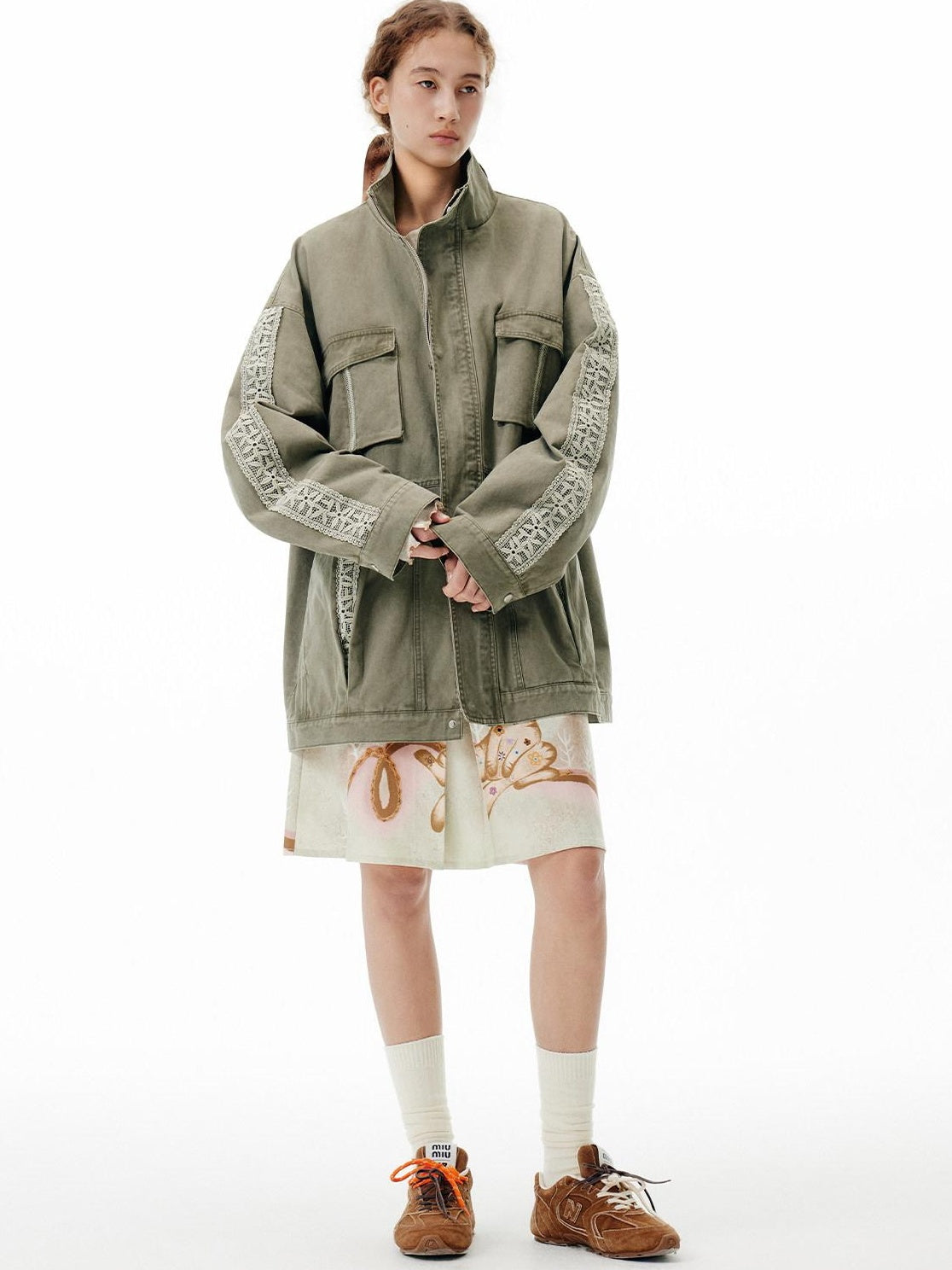 OuttheBlue Warm 100 Percent Cotton Loose Fit Stand Collar Zipper Women Washed Green Jackets