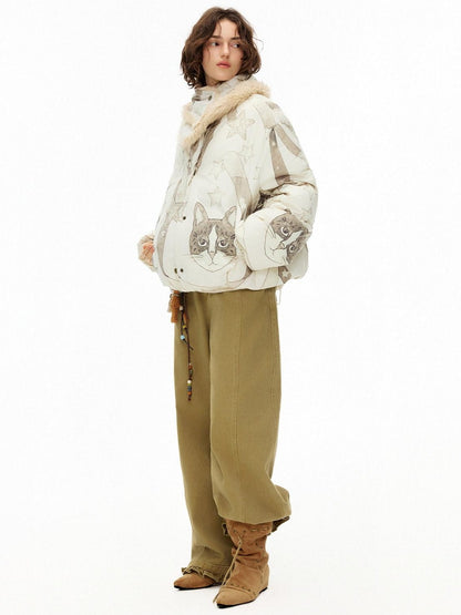 OuttheBlue Warm 90% Duck Down Short Cartoon Print Commuter Women Light Beige Down Jackets