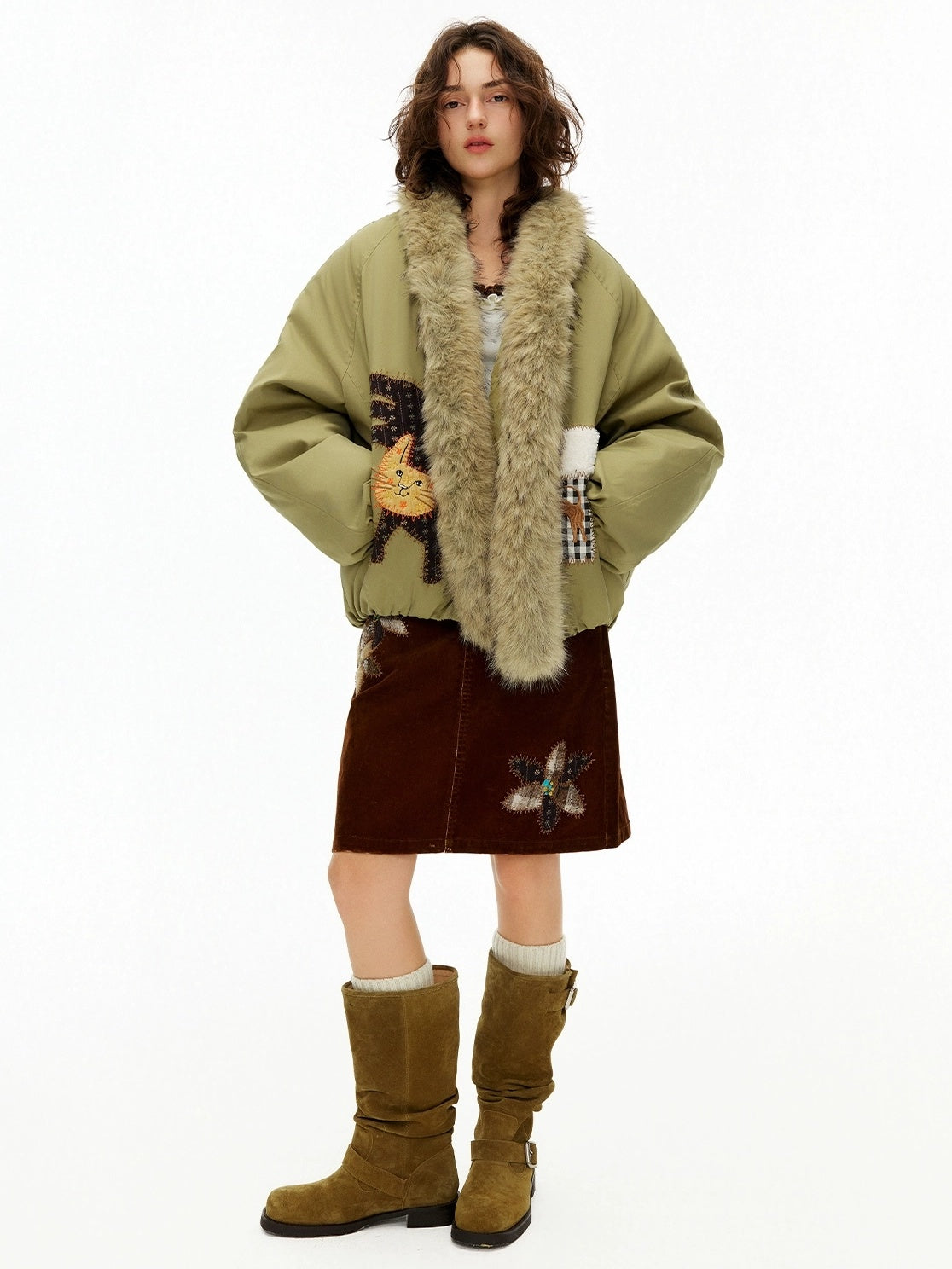 OuttheBlue Warm 90 Percent White Duck Down Straight Patch Applique Pale Green Down Jacket