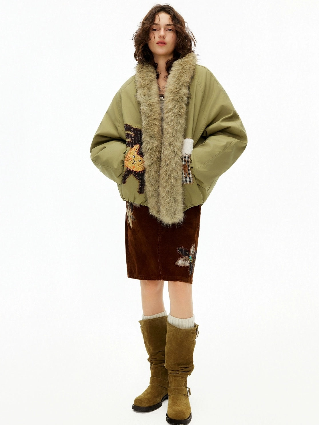 OuttheBlue Warm 90 Percent White Duck Down Straight Patch Applique Pale Green Down Jacket